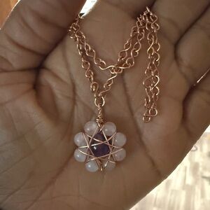 Amethyst Pink Quartz Daisy Pendant Necklace on Infinity Link Chain